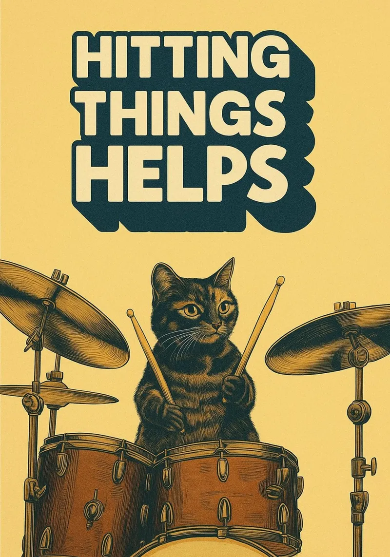 Gatto batterista divertente poster con telaio in legno da oneroad