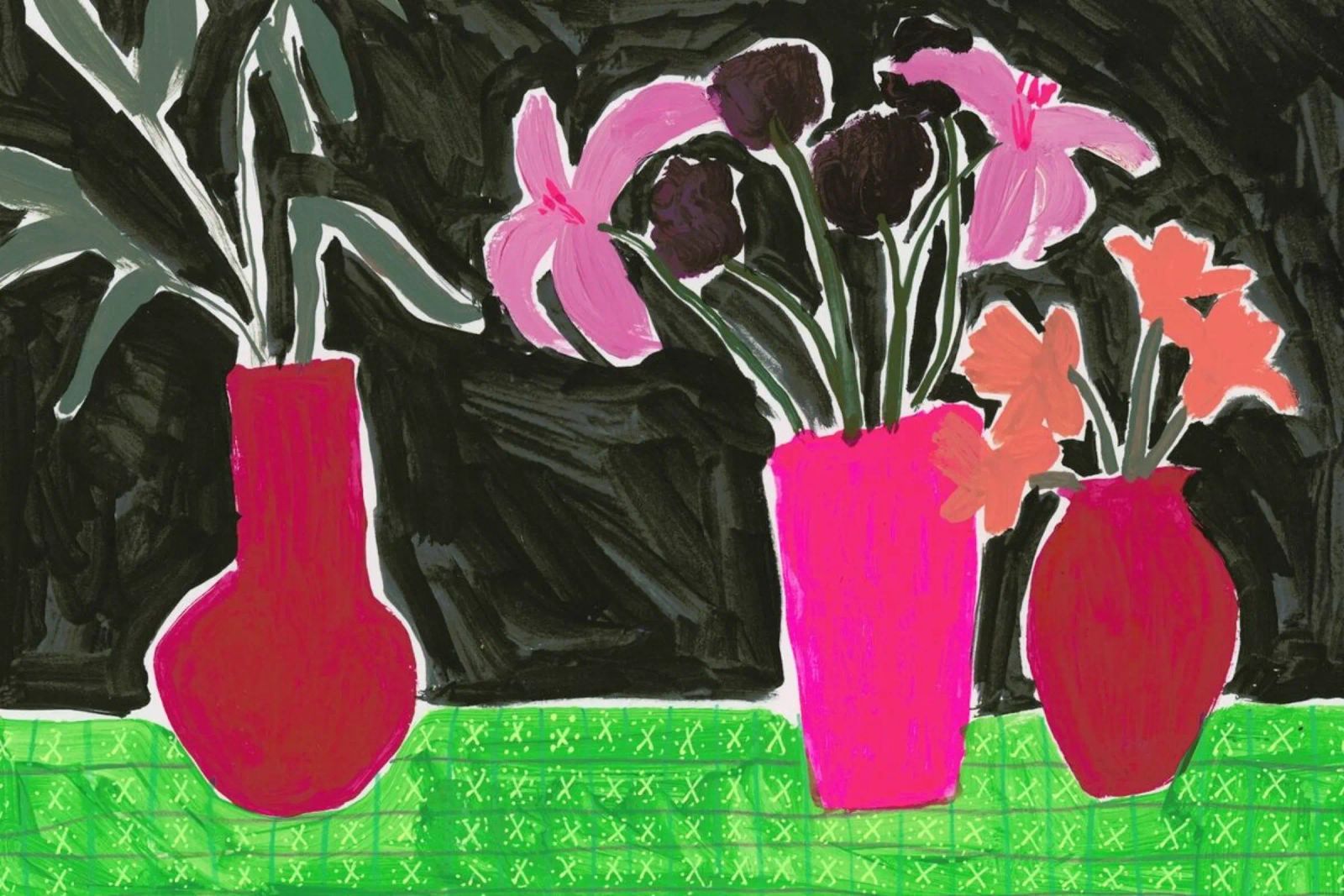 Flowers In Vases On Patterned Tablecloth poster by Sonia Brittain