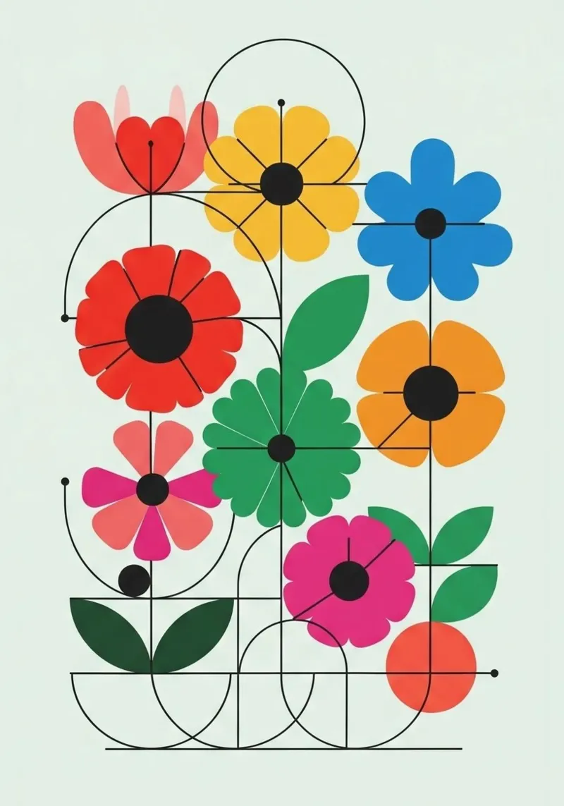Floral bauhaus #103: The Blueprint for Joy poster with plastic frame by Zen Design