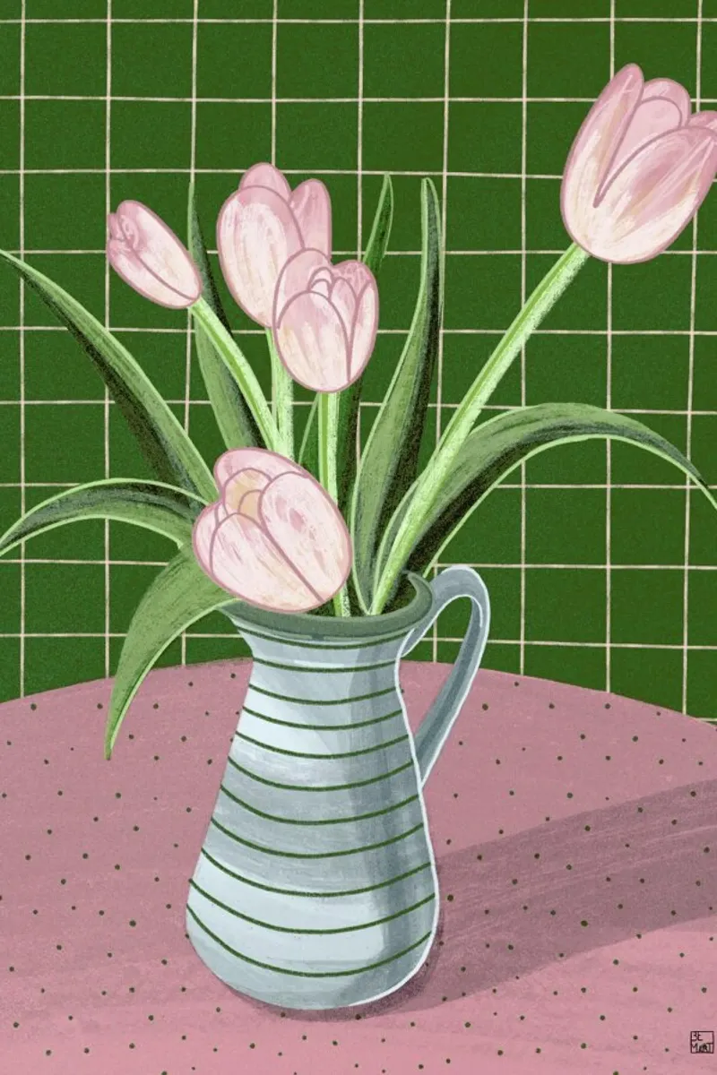 Pink Tulips On Green Checkered Tablecloth pellicola backlit da Be Mart