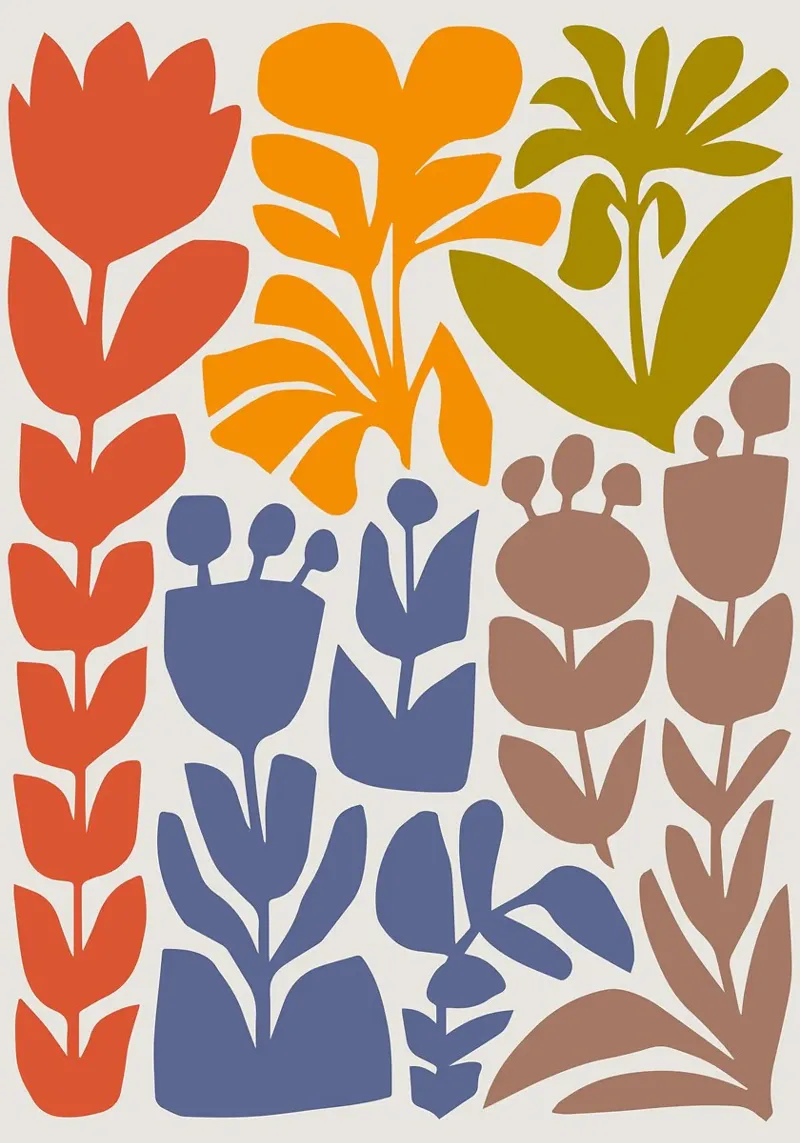 Collage di forme botaniche colorate e terrose pellicola backlit da E Cannon