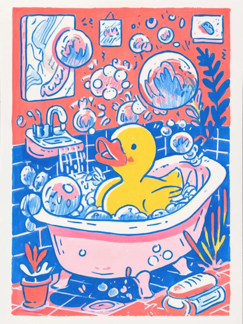 Bubbelbad met badeend - Grappig geïllustreerd badkamerkunstwerk canvas van Kaji