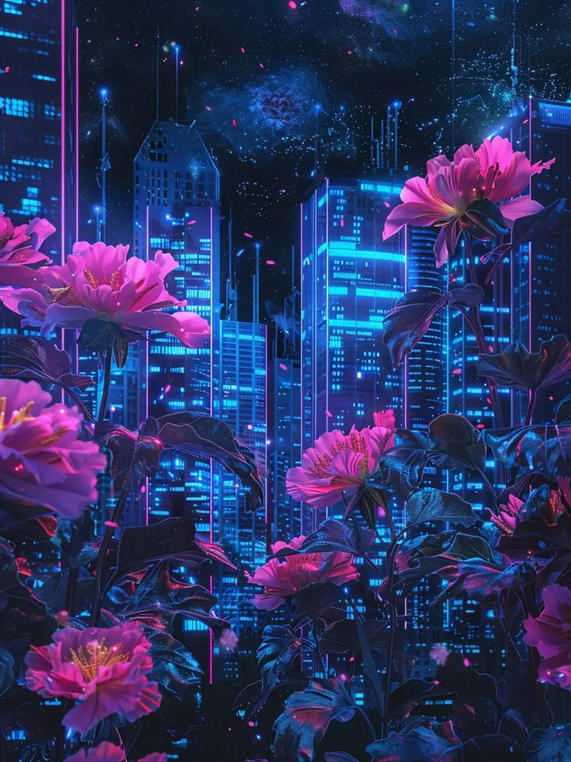 Neon Blossoms in the Urban Jungle poster with wooden frame by Mosaic Dialogue