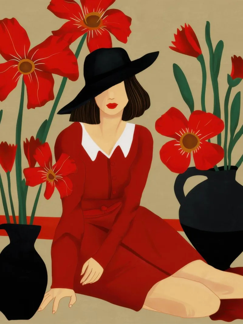 Abito rosso Cappello nero plexiglass da Marigold Tiga