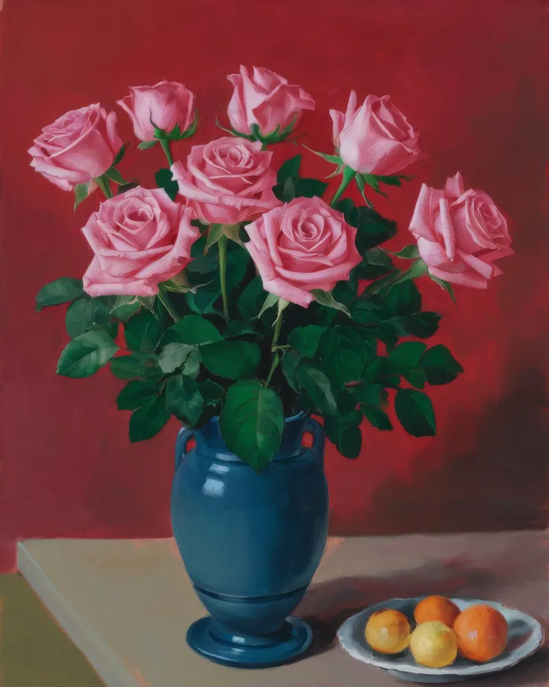 Blaue Vase Rosa Rosen Leinwand mit Schattenfugenrahmen von Stone Decade