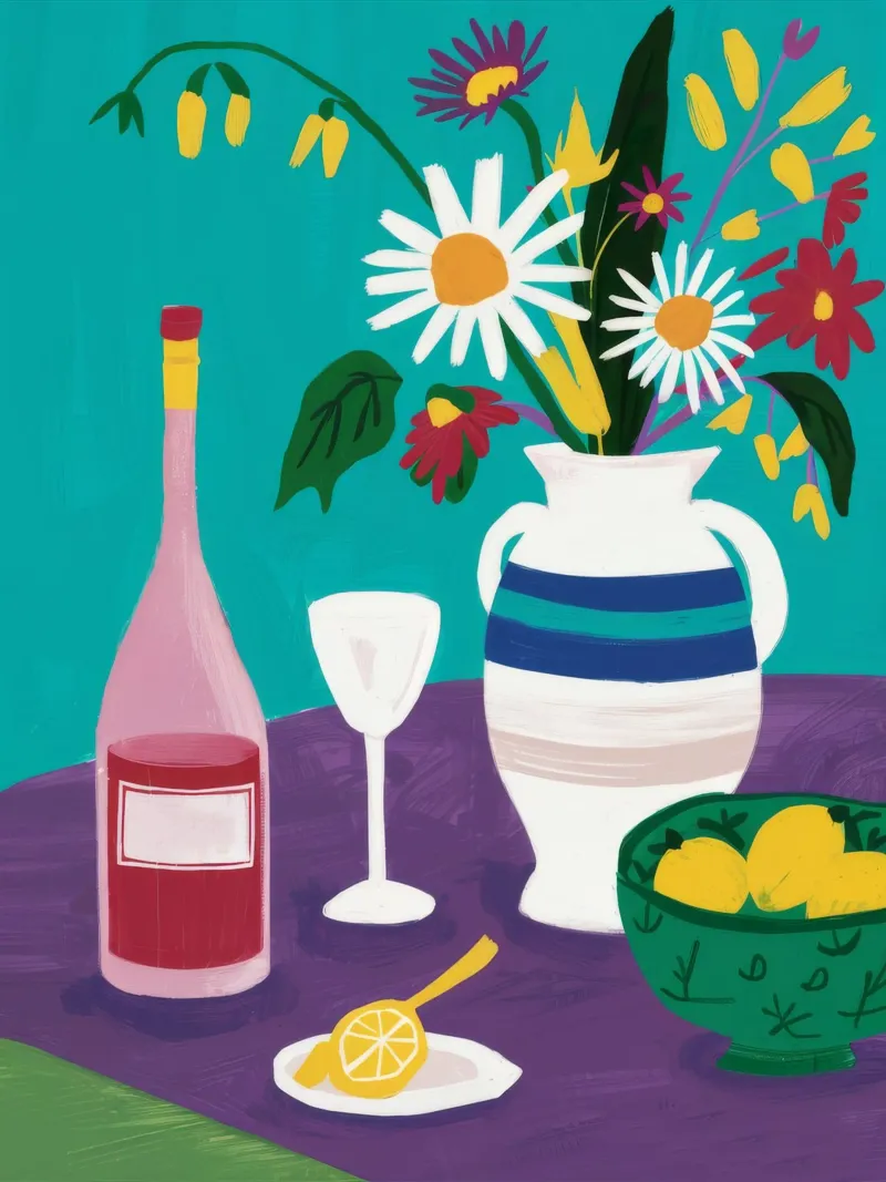 Blue Table Wine and Daisies canvas by Stone Decade