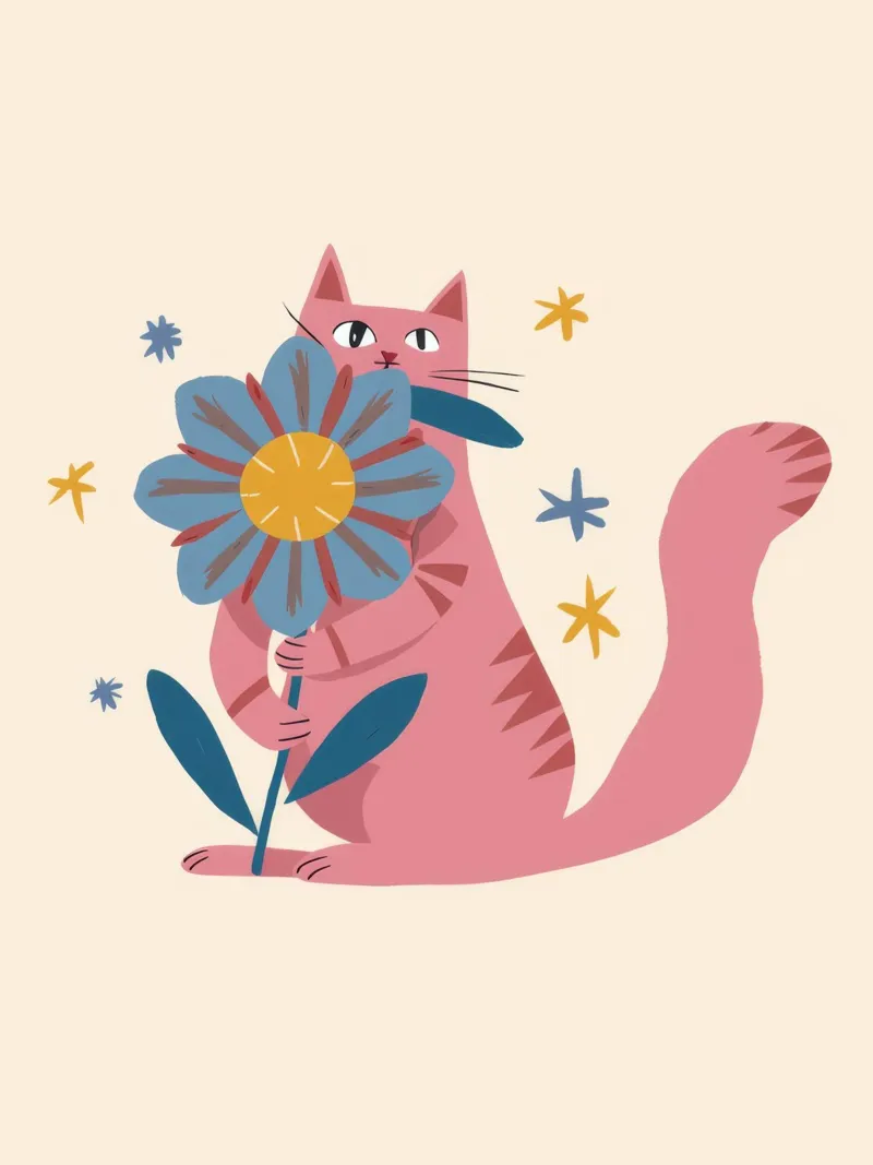Gatto rosa Fiore blu poster da Stone Decade