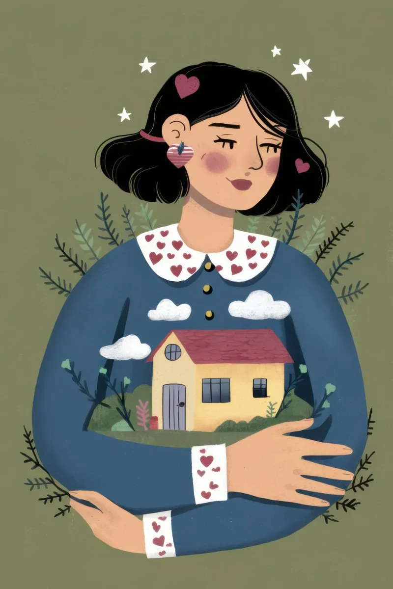 Holding a Tiny House canvas with Floater frame by Marigold Tiga
