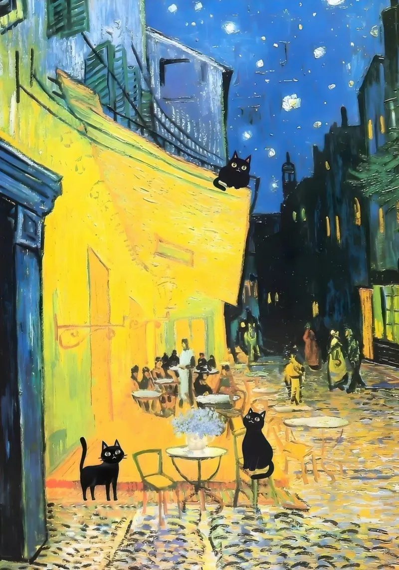 Gatti neri alla Terrazza del Caffè di Vincent Van Gogh di notte pellicola backlit da clay bobby