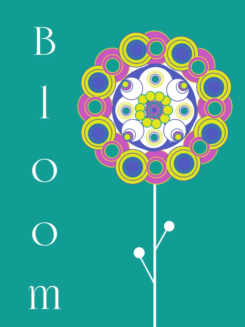 Bloom, Grafisches buntes Blumemmotiv auf Grün plexiglass da Lilou Art