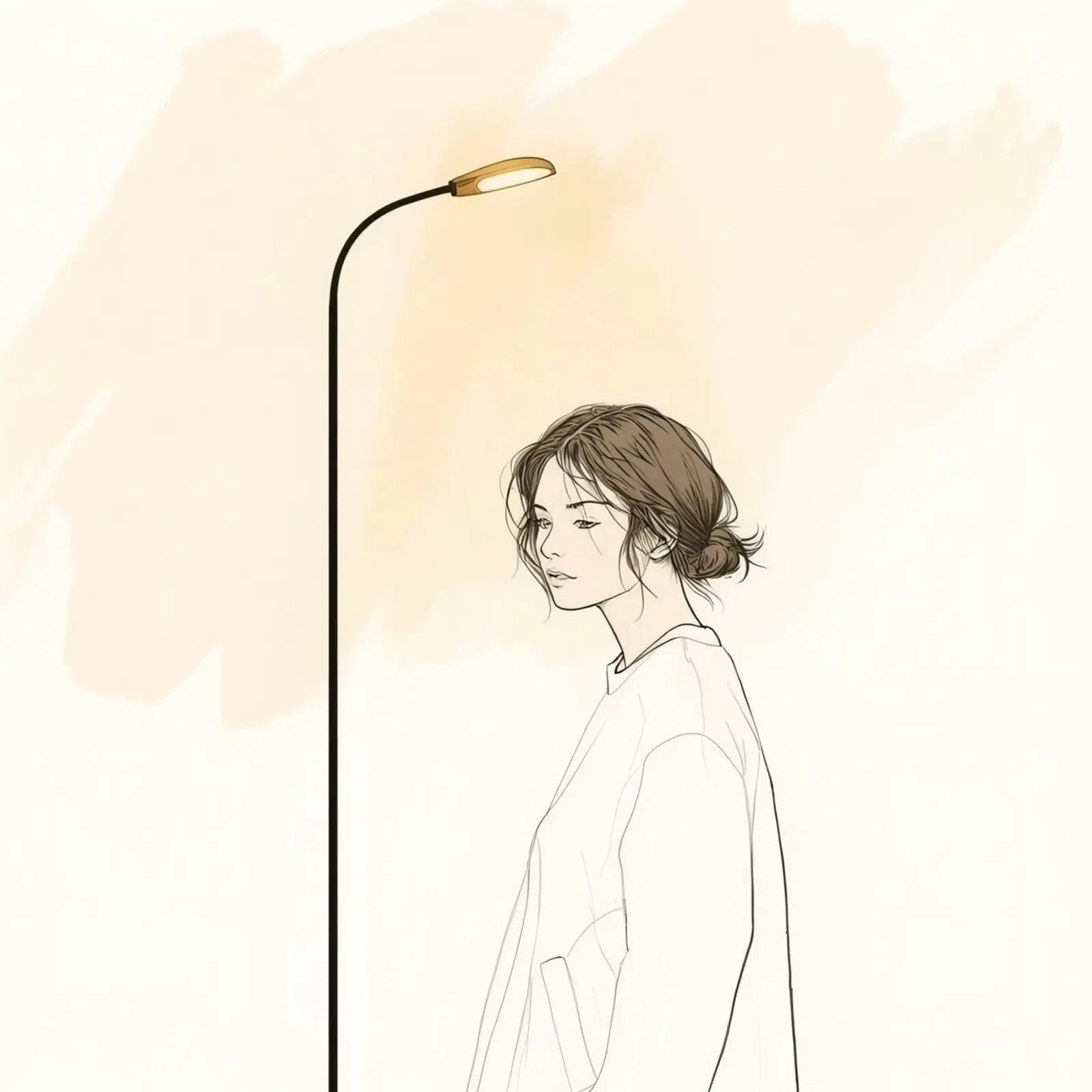 Giovane donna in piedi accanto a un alto lampione pellicola backlit da DesignDoodle