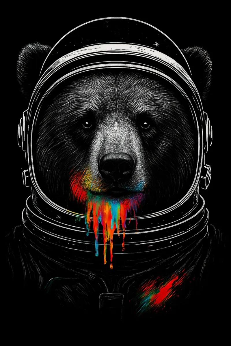 Astronaut Bear with Neon Paint Drips – Cosmic Animal Art poster con telaio in legno da BadrBrand