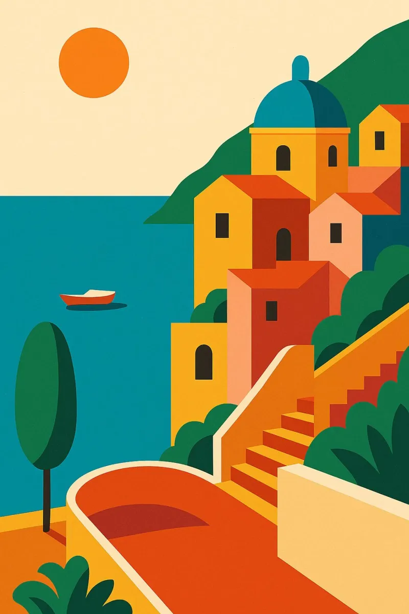 Costiera Amalfitana - Sole grafico a Positano pellicola backlit da JETLAG | affiches voyage