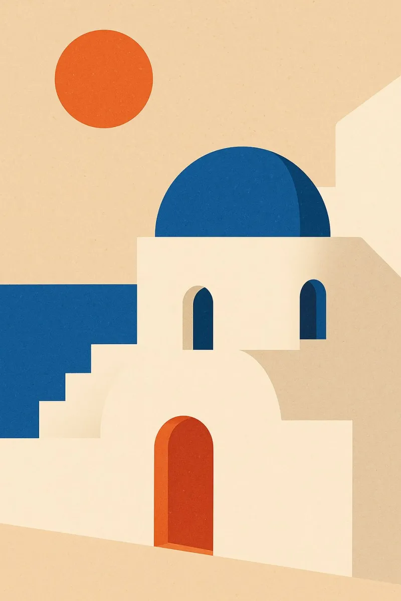 Santorini - Cupole blu e sole greco pellicola backlit da JETLAG | affiches voyage
