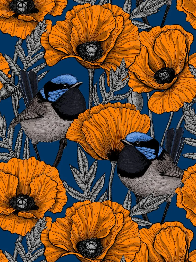 Troglodytes et pavots oranges hahnemühle de Painted Nature