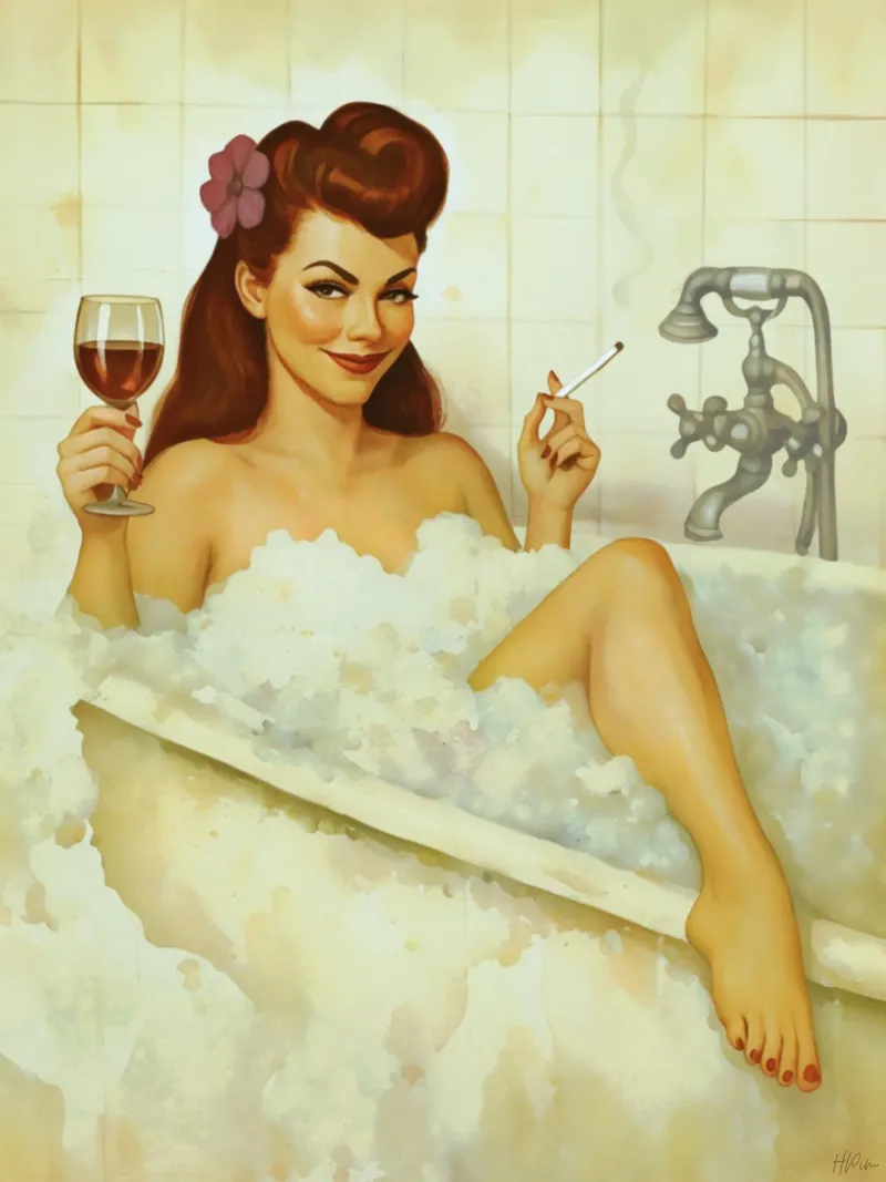 Pinup d'epoca in bagno turco con vino e sigaretta pellicola backlit da Hecate Pim Designs