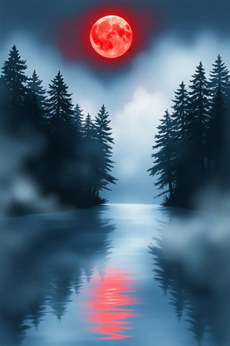 Ein mystischer Waldsee unter dem bezaubernden Glanz des Blutmonds Poster von Artistic-shop
