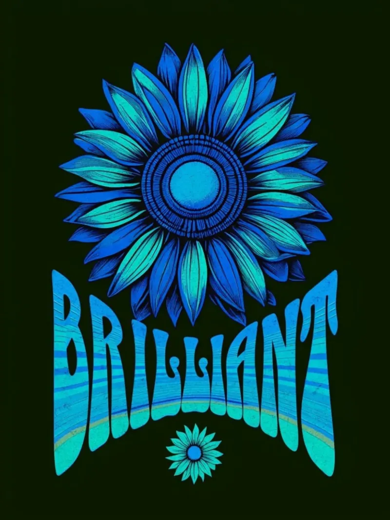 Briljante Blauwe Zonnebloem Psychedelische Retro Kunstdruk canvas met Baklijst van inspirational quote