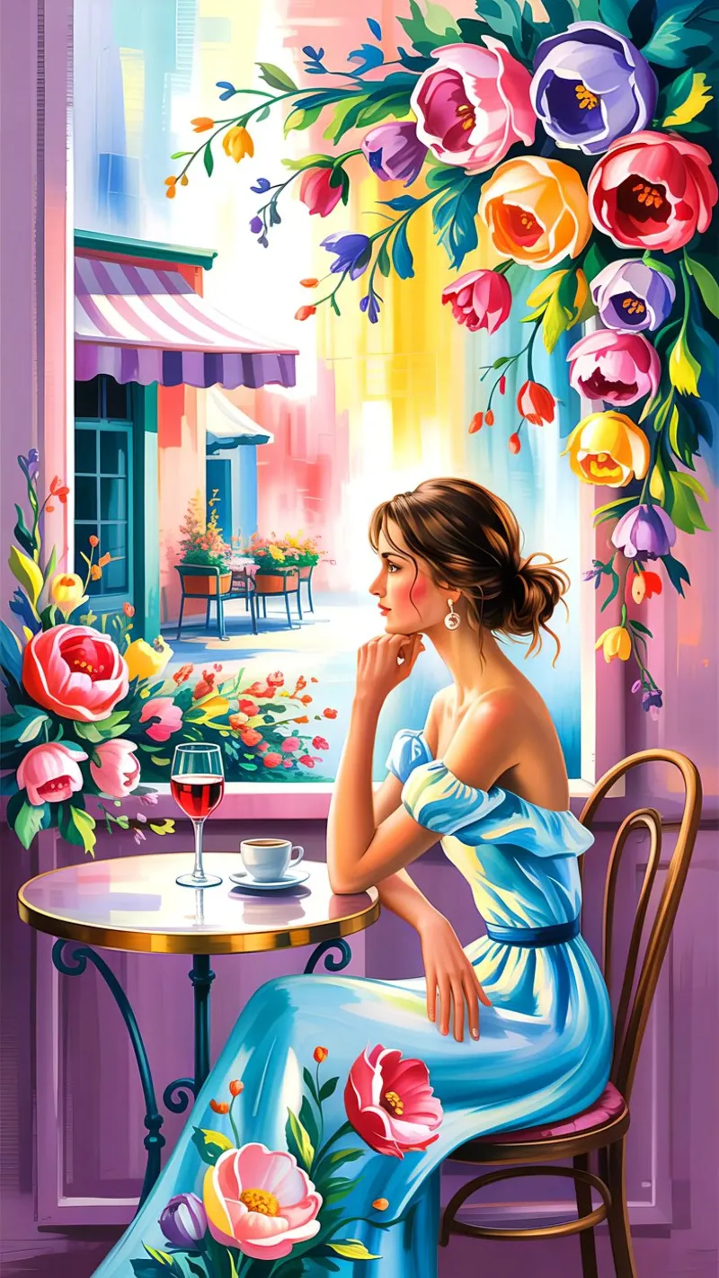 Flower Beauty Women In Cafe poster met aluminium frame van Jeff Studio