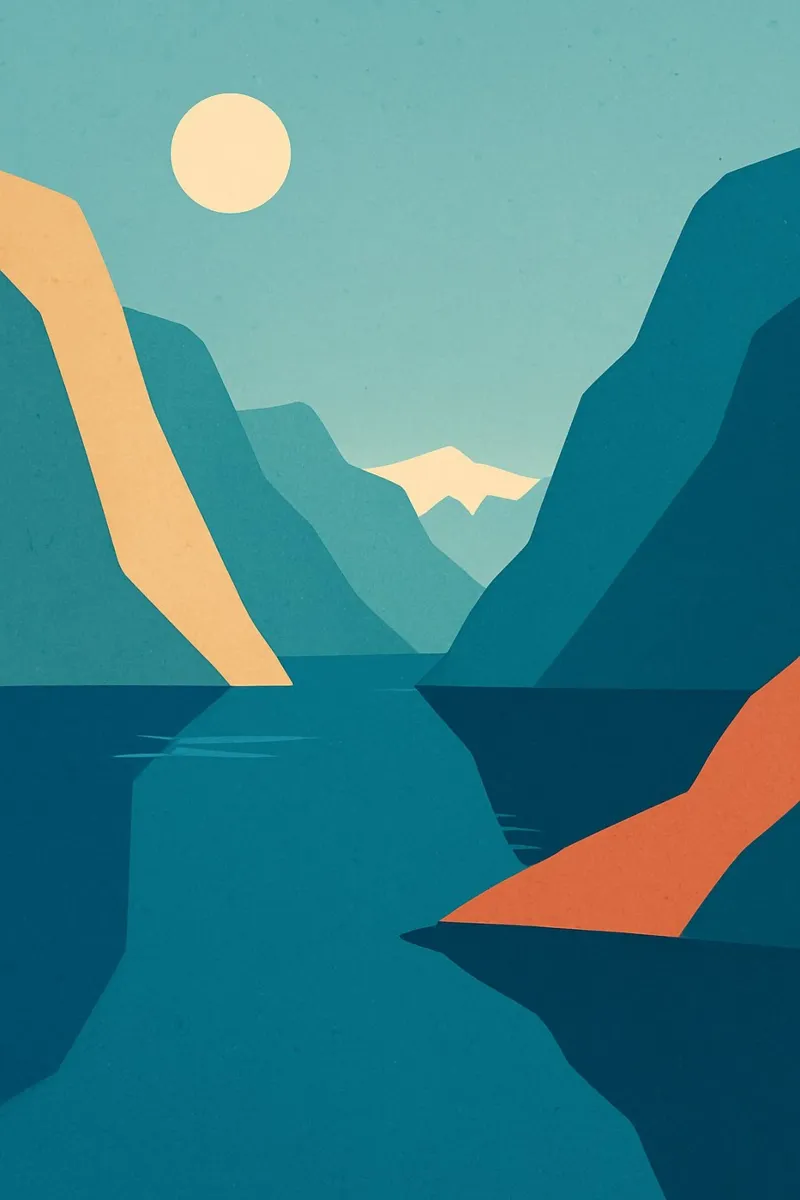 Fjord - Blue silence between the mountains poster with plastic frame by JETLAG | affiches voyage