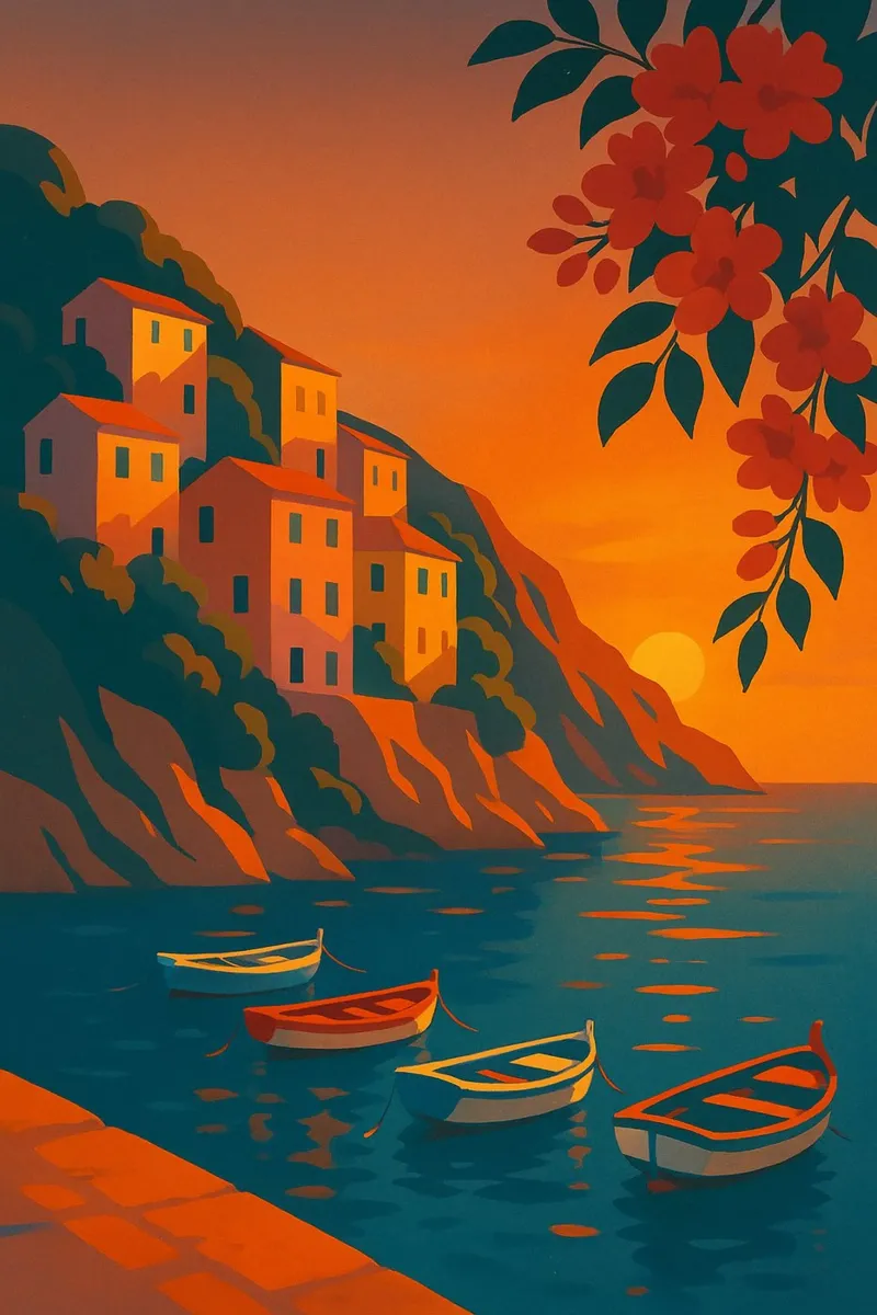 Cliffside Sunset Harbor poster con telaio in legno da Mosaic Dialogue