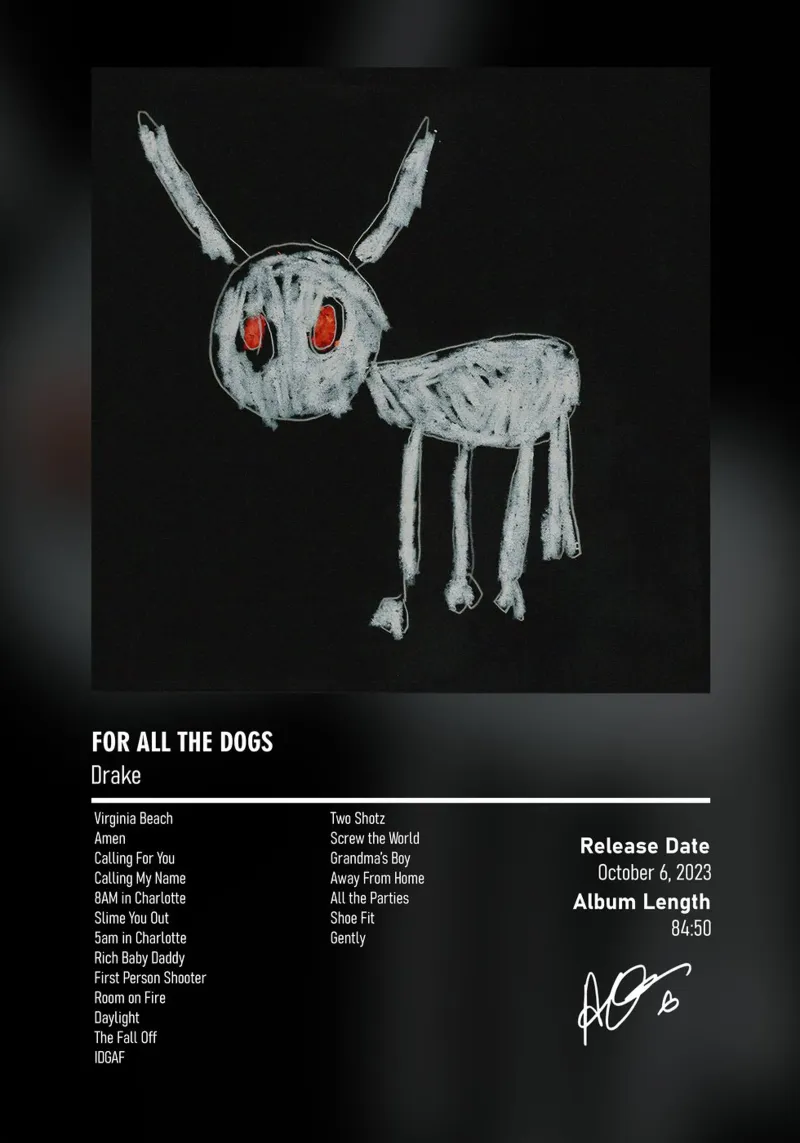 For All the Dogs (2023) Drake canvas met Baklijst van MVFminimalist