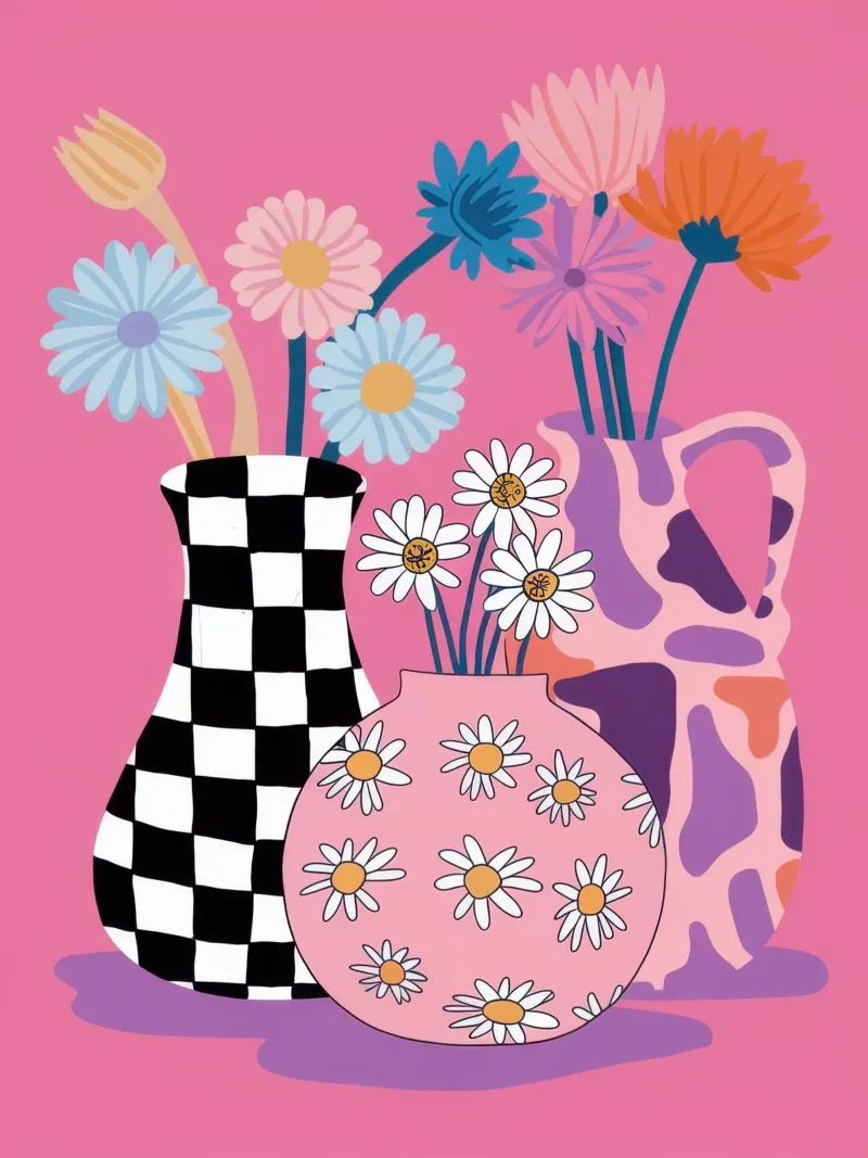 Checkered Vase Daisies canvas by Sentinel Glow