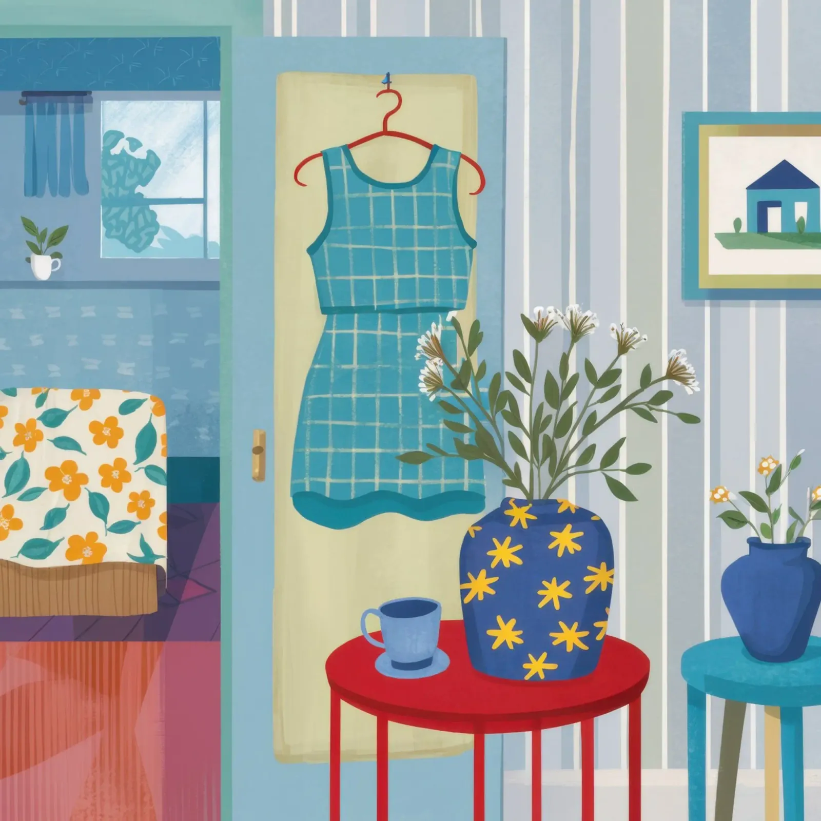 Finestra del vestito blu poster con telaio in legno da Pale Aura