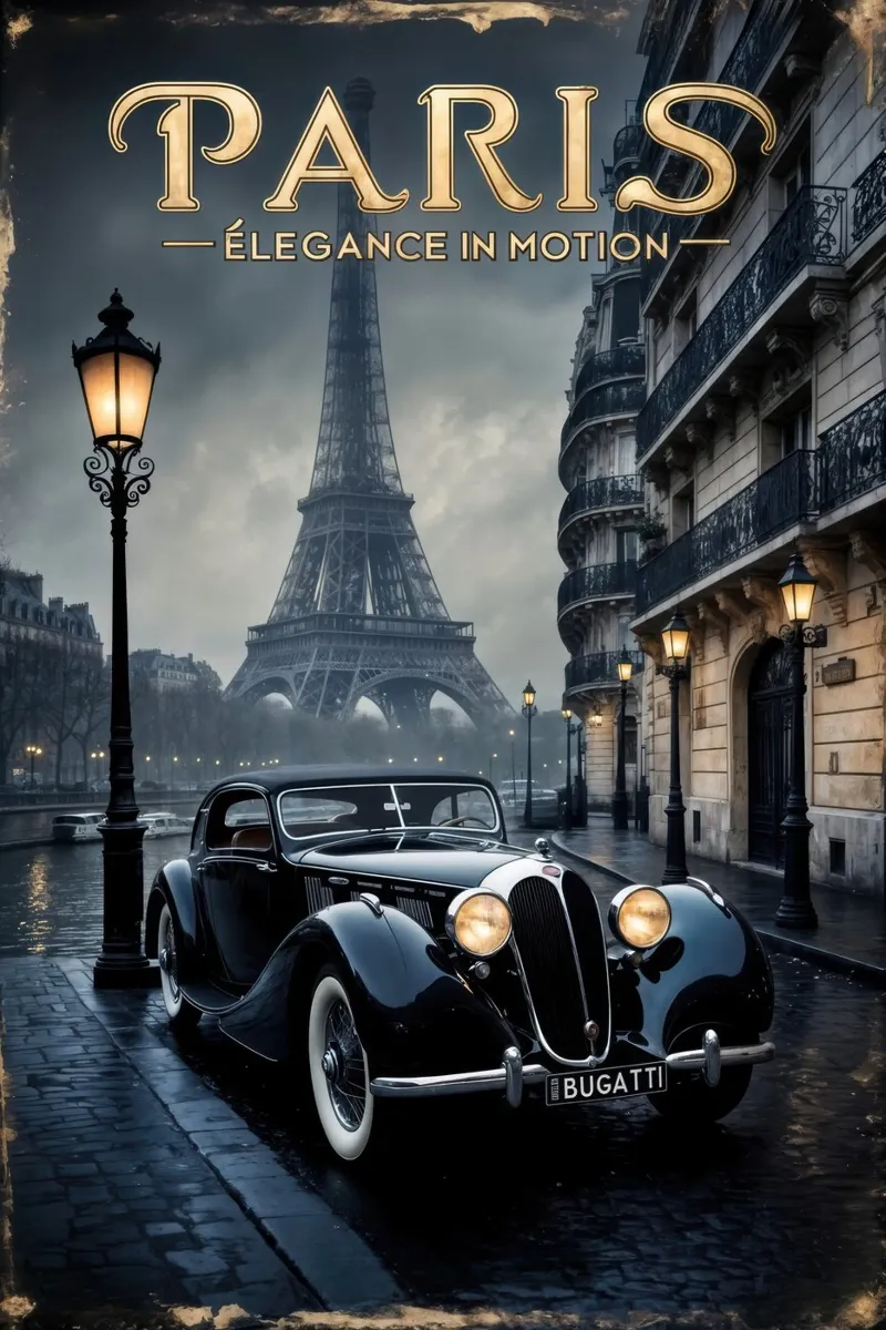 Fascino parigino nostalgico Auto d'epoca e Torre Eiffel poster da muench benjamin
