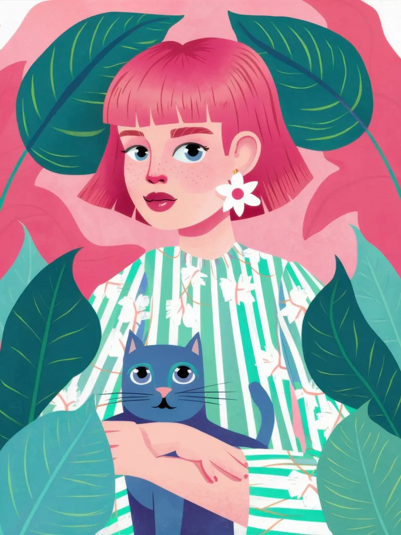 Gatto blu dai capelli rosa poster con telaio in legno da Marigold Tiga
