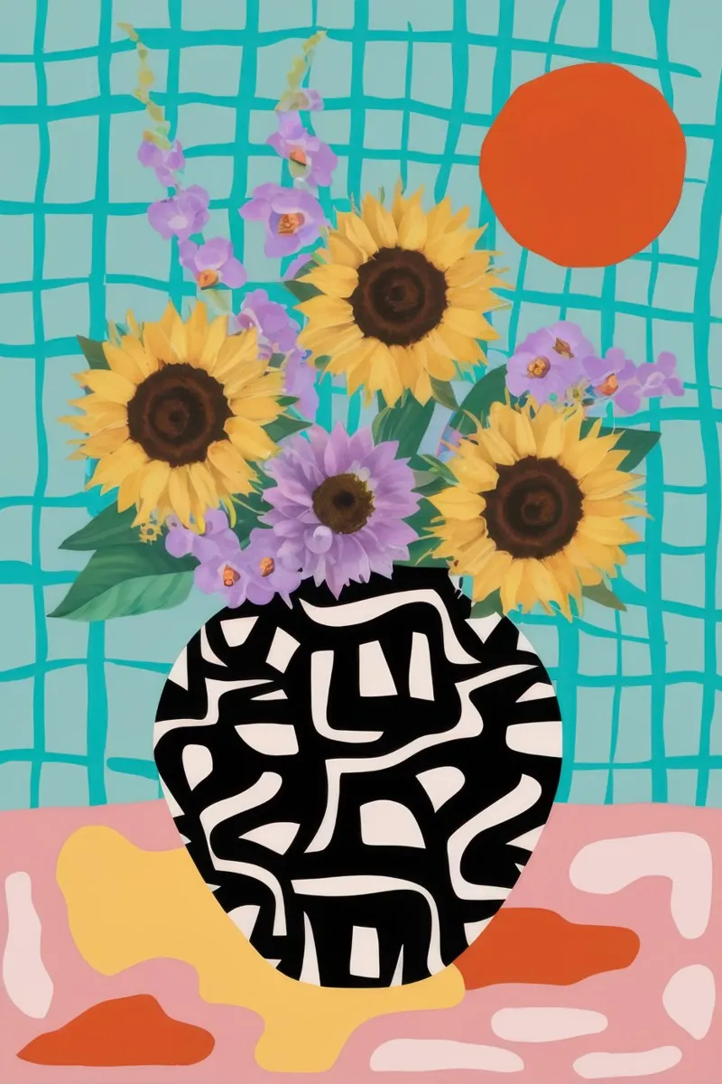 Griglia di girasoli moderna poster con telaio in legno da Mossy Pigment