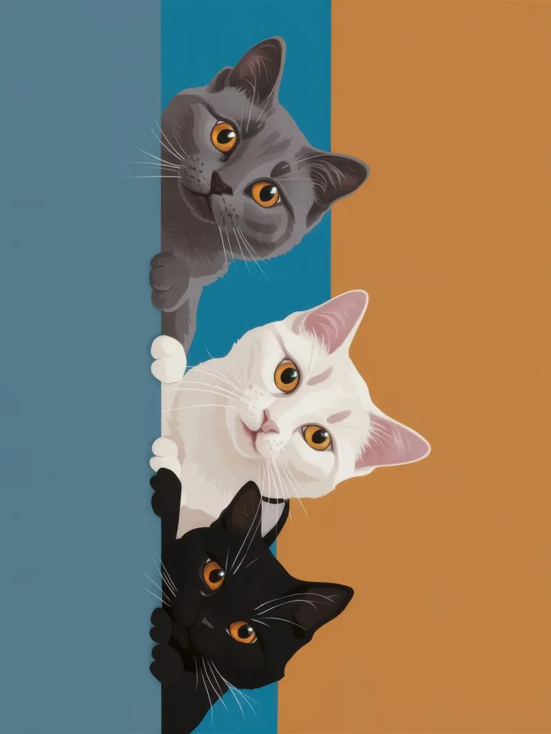 Trio felino curioso poster con telaio in legno da Mossy Pigment