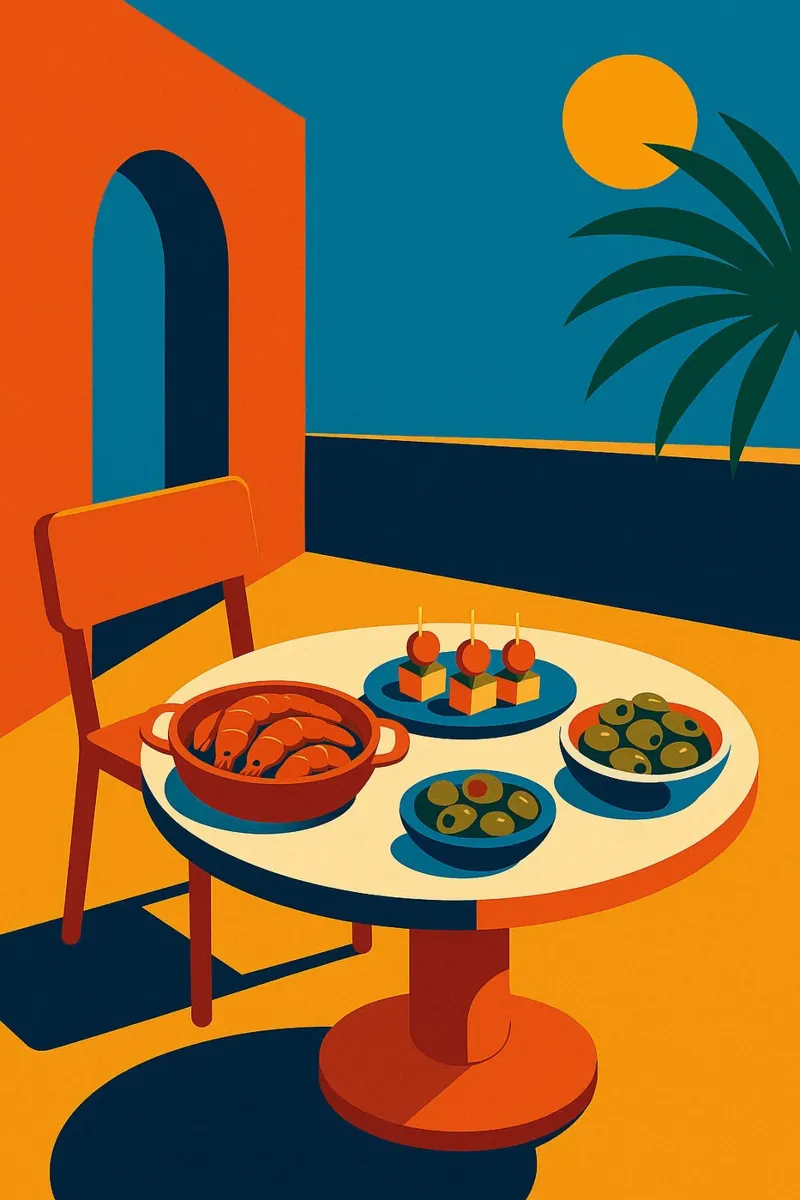 TERRASSE TAPAS - Sun, palm trees and aperitifs in the shade canvas with Floater frame by Boissons - Affiches & posters - Retro
