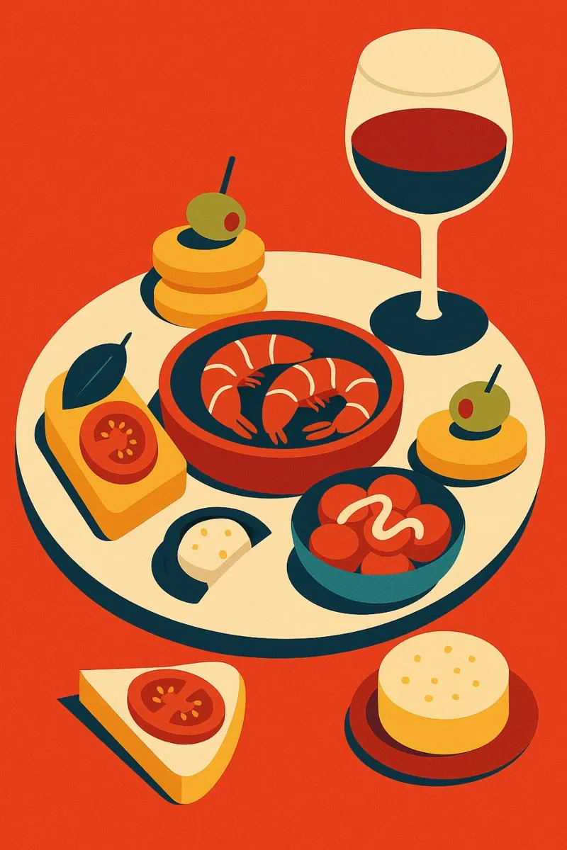 TAPAS E VINO - Un colorato banchetto in stile spagnolo pellicola backlit da Boissons - Affiches & posters - Retro