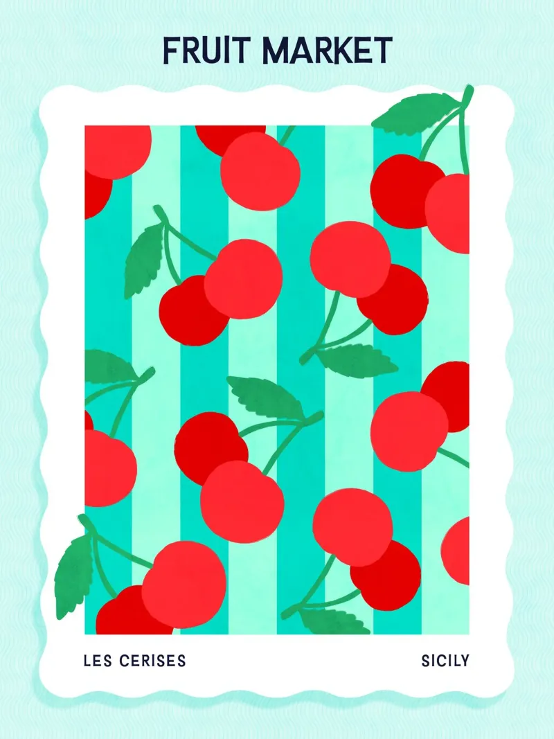 Les Cerises - Poster del mercato della frutta tela con Cornice a cassetta da Dominique Vari