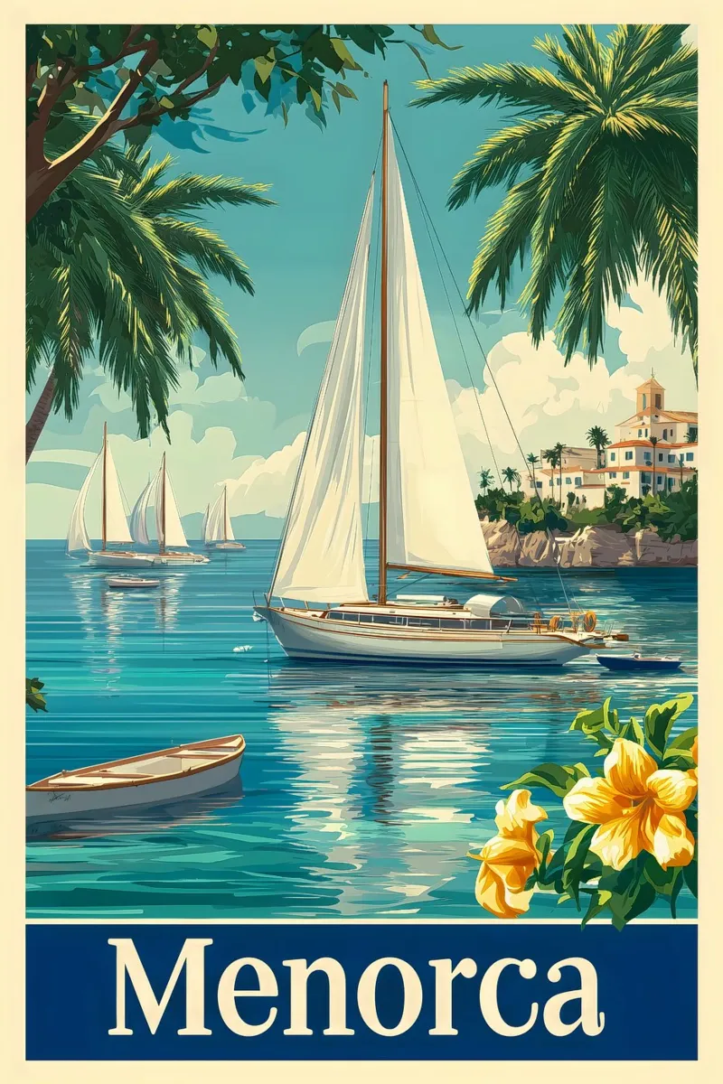 Minorca in barca a vela pellicola backlit da Vintage Travel Art