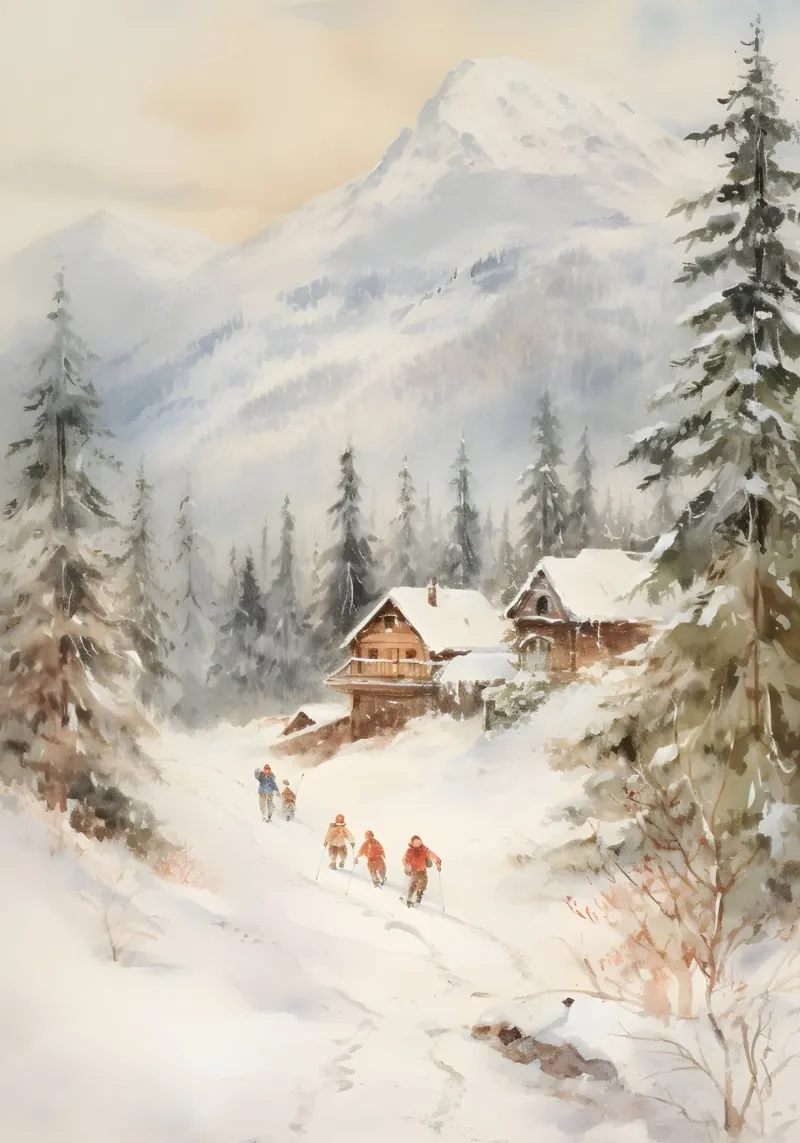 Sciatori alpini e baite - Paesaggio montano innevato poster con telaio in legno da ClubArt
