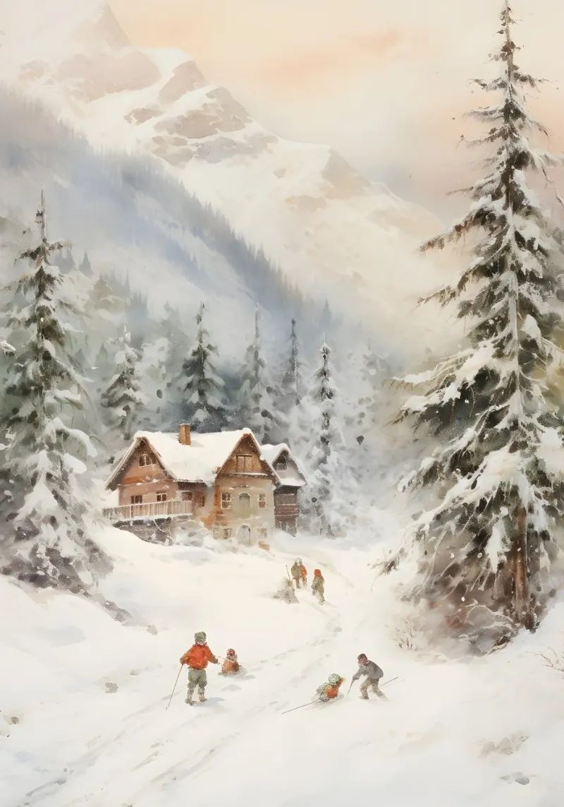 Accogliente chalet di montagna - Scena di sci alpino innevato poster con telaio in legno da ClubArt