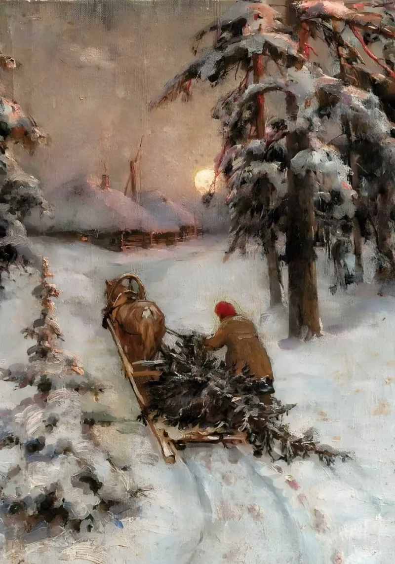 Winterschlittenfahrt - Verschneiter Wald & Vollmondkunst Poster von ClubArt