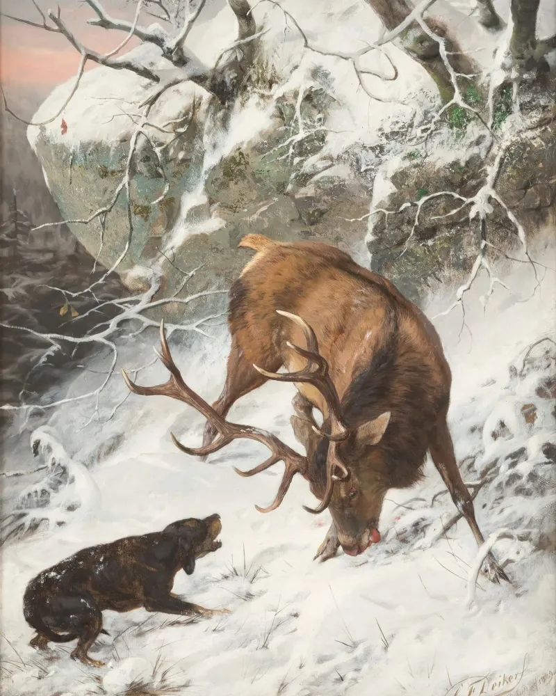 Cervo e cane nella neve - Arte dinamica della fauna invernale poster da ClubArt