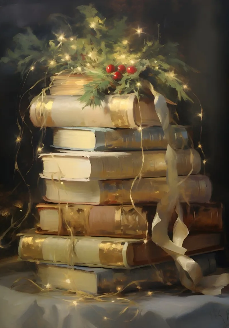 Acogedores libros de Navidad - Bodegón de lectura navideño lienzo con Marco flotante de ClubArt