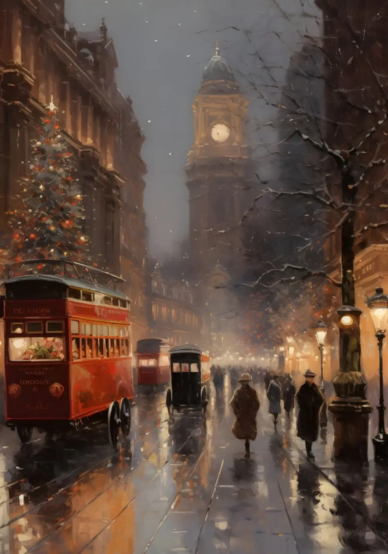 Strada vittoriana di Natale - Arte notturna della città piovosa poster con telaio in legno da ClubArt