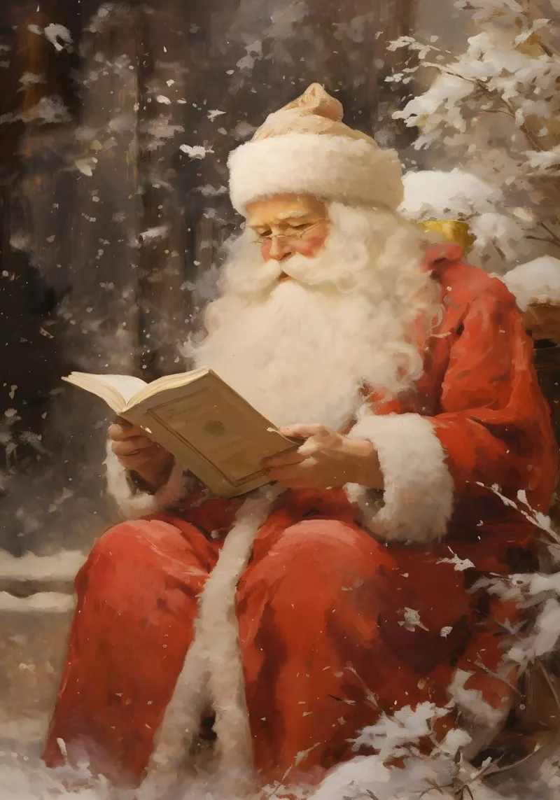Weihnachtsmann lesend - Gemütliche verschneite Weihnachtskunst Backlit Folie von ClubArt