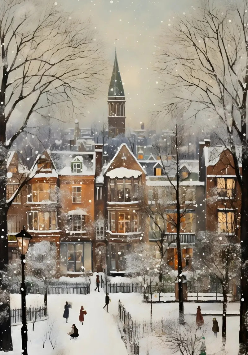 Nevicata di una città vittoriana - Accogliente paesaggio urbano invernale poster con telaio in plastica da ClubArt