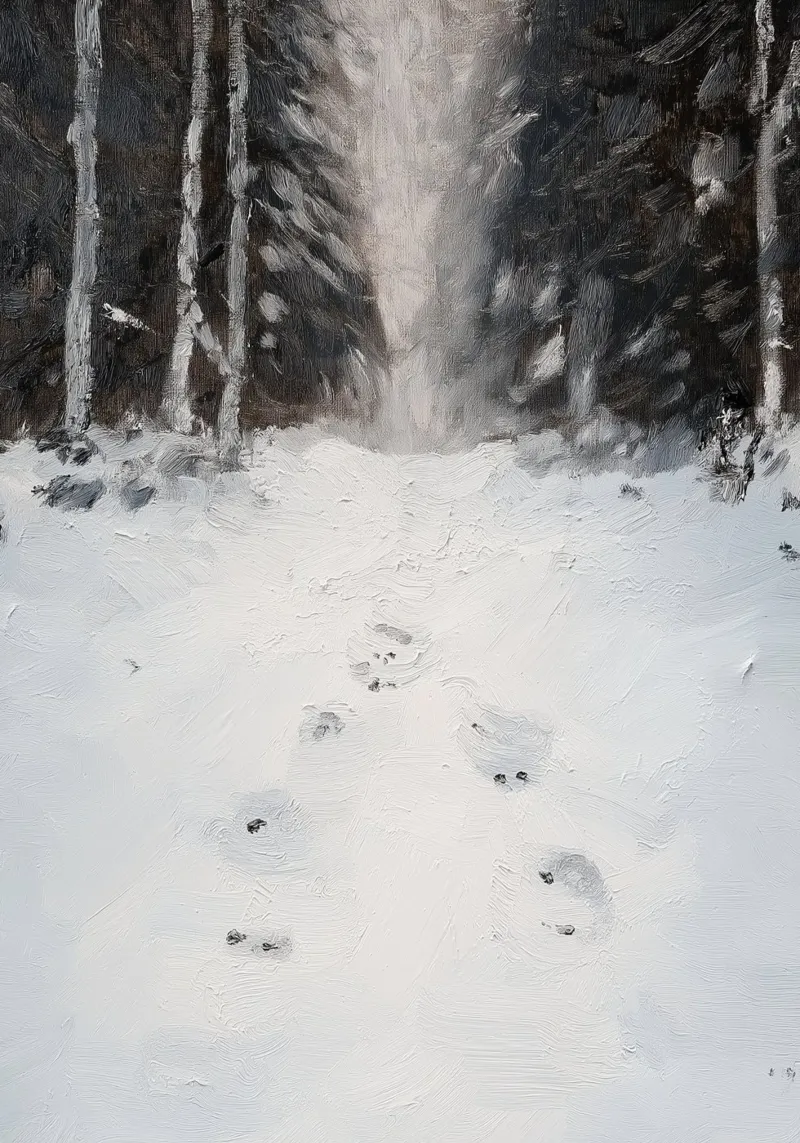 Impronte nella neve - Silent Winter Forest Path Art poster con telaio in legno da ClubArt
