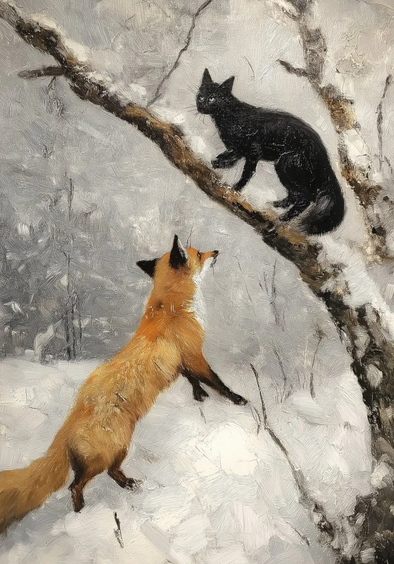 Volpe e gatto in inverno - Arte della fauna selvatica del bosco innevato poster con telaio in plastica da ClubArt