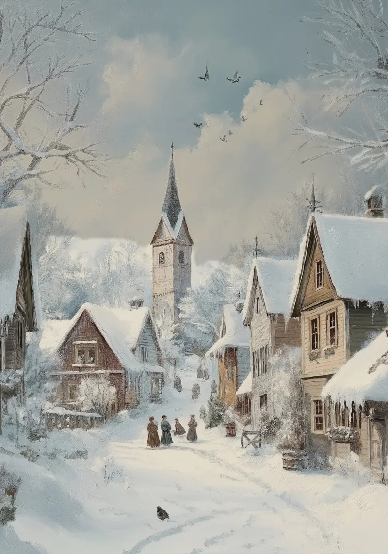 Idilliaco villaggio innevato - Scena invernale in chiesa pellicola backlit da ClubArt