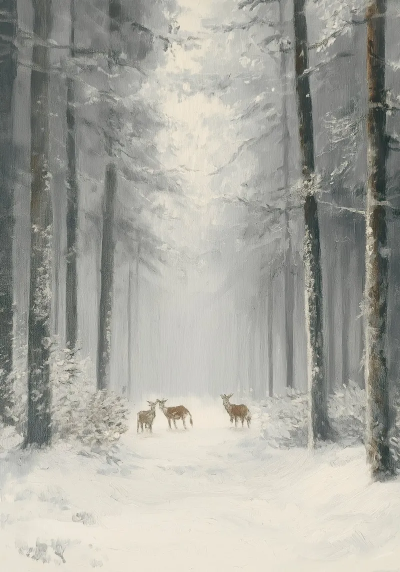 Cervo nella foresta innevata - Arte invernale serena della fauna selvatica poster con telaio in alluminio da ClubArt