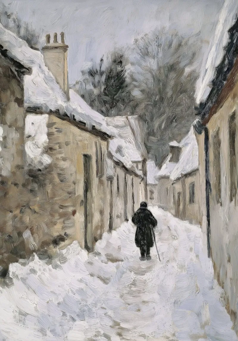 Lone Figure in Snowy Village - Rustic Winter Path hahnemühle by ClubArt