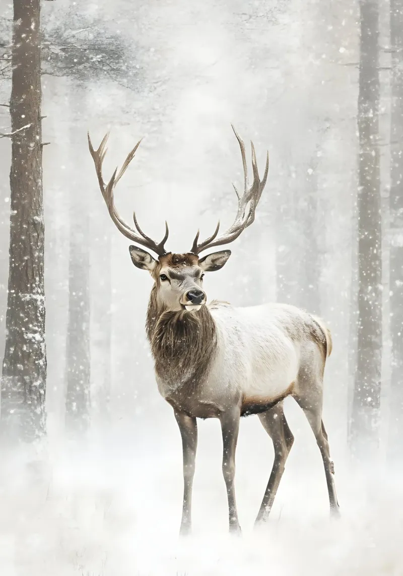 Cerf majestueux dans une chute de neige - Winter Forest Wildlife Art poster de ClubArt